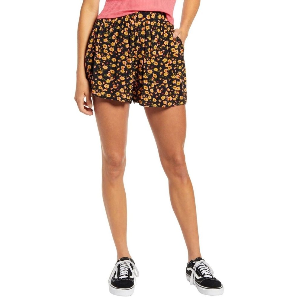 BP Women Black Floral Print Easy Pleated Mini Elastic Waist Short NWOT XXS 0022